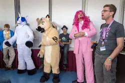 Size: 1024x681 | Tagged: safe, derpibooru import, pinkie pie, shining armor, oc, human, g4, clothes, convention, cosplay, costume, furry, furry oc, fursuit, galacon, group, image, irl, irl human, jpeg, photo, ponysuit