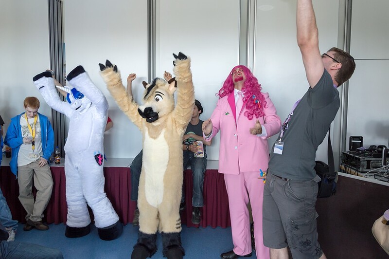 Size: 1024x681 | Tagged: safe, derpibooru import, pinkie pie, shining armor, oc, human, g4, clothes, convention, cosplay, costume, furry, furry oc, fursuit, galacon, group, image, irl, irl human, jpeg, photo, ponysuit