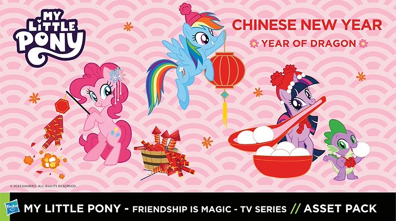 Size: 790x441 | Tagged: safe, derpibooru import, official, pinkie pie, rainbow dash, spike, twilight sparkle, twilight sparkle (alicorn), alicorn, pony, g4, assets, bowl, chinese new year, fireworks, flying, folded wings, hair accessory, hat, image, jpeg, lantern, looking at you, paper lantern, smiling, smiling at you, spoon, spread wings, tangyuan, text, wings