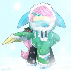 Size: 2000x2000 | Tagged: safe, artist:sinrinf, derpibooru import, fluttershy, bird, pegasus, pony, g4, animal, bunny ears, bunny suit, clothes, image, png, scarf, snow, snowfall, solo, winter, winter outfit