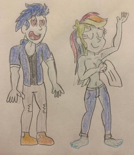 Size: 749x866 | Tagged: questionable, artist:13mcjunkinm, derpibooru import, rainbow dash, soarin', human, equestria girls, g4, female, image, jpeg, male, shipping, soarindash, straight, traditional art