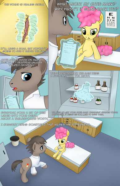 Size: 1989x3072 | Tagged: safe, artist:anonymousandrei, derpibooru import, li'l cheese, earth pony, pony, comic:life of li'l cheese, g4, the last problem, blank flank, colt, comic, derpibooru exclusive, dialogue, doctor, doctor's office, foal, glow, glowing horn, horn, image, jpeg, magic, male, potion, scar, stallion, telekinesis, text