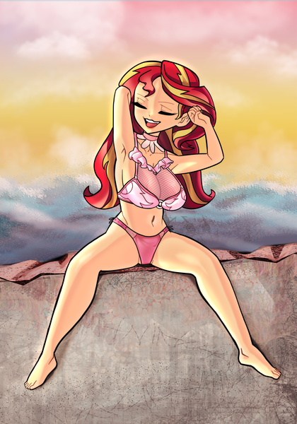 Size: 2100x3000 | Tagged: suggestive, artist:roachgochi, derpibooru import, sunset shimmer, human, g4, arm behind head, armpits, barefoot, belly button, big breasts, bikini, breasts, busty sunset shimmer, clothed version, clothes, cutie mark, cutie mark on clothes, eyes closed, feet, fishnet clothing, frilled swimsuit, image, open smile, outdoors, pink bikini, png, sitting, sunset, swimsuit