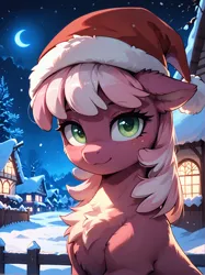 Size: 1496x2000 | Tagged: safe, ai content, generator:prefect pony xl, machine learning generated, prompter:lagerai, stable diffusion, cheerilee, earth pony, pony, g4, blushing, chest fluff, christmas, clothes, crescent moon, ear fluff, female, fluffy, hat, holiday, image, looking at you, mare, moon, moonlight, night, outdoors, png, ponyville, santa hat, smiling, smiling at you, snow, solo, winter