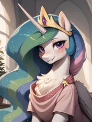 Size: 1496x2000 | Tagged: safe, ai content, generator:prefect pony xl, machine learning generated, prompter:lagerai, stable diffusion, princess celestia, alicorn, pony, g4, bedroom eyes, blushing, chest fluff, clothes, crown, dress, ear fluff, female, fluffy, horn, image, indoors, jewelry, looking at you, plants, png, regalia, sitting, smiling, smiling at you, solo, solo female, window, wings