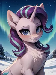 Size: 1496x2000 | Tagged: safe, ai content, generator:prefect pony xl, machine learning generated, prompter:lagerai, stable diffusion, starlight glimmer, pony, unicorn, g4, aurora borealis, bedroom eyes, blushing, chest fluff, ear fluff, female, fluffy, forest, horn, image, looking at you, mare, mountain, night, png, sitting, smiling, smiling at you, solo, starry sky, tree, winter