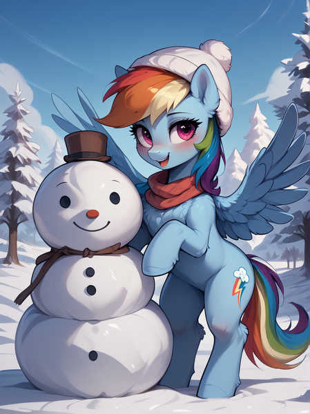 Size: 1496x2000 | Tagged: safe, ai content, generator:prefect pony xl, machine learning generated, prompter:lagerai, stable diffusion, rainbow dash, pegasus, pony, g4, bedroom eyes, blushing, chest fluff, clothes, cute, ear fluff, female, fluffy, forest, image, looking at you, mare, outdoors, png, scarf, smiling, smiling at you, snow, snowman, solo, spread wings, tree, wings, winter, winter hat