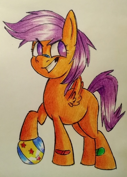 Size: 1321x1832 | Tagged: safe, artist:hyper radar, derpibooru import, scootaloo, pegasus, pony, g4, 2d, ball, bandaid, determined, fanart, image, jpeg, looking away, photo, simple background, smiling, standing, traditional art, white background