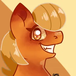 Size: 1280x1280 | Tagged: safe, artist:galactichooves, derpibooru import, oc, oc:paitony, unofficial characters only, earth pony, pony, blonde, blonde mane, bread, bust, digital art, fangs, food, icon, image, looking at you, male, orange eyes, orange pony, png, shiny eyes, smiling, smiling at you, solo