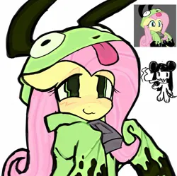 Size: 1499x1492 | Tagged: safe, artist:poniesinmyhead, derpibooru import, fluttershy, pegasus, pony, g4, antonymph, bust, clothes, female, fluttgirshy, gir, hoodie, image, invader zim, jpeg, mare, simple background, smiling, solo, vylet pony, white background