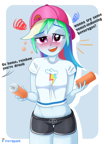 Size: 1000x1375 | Tagged: safe, artist:steyrrdash, derpibooru import, rainbow dash, human, equestria girls, g4, blushing, cap, clothes, derpibooru exclusive, dialogue, drunk, drunk bubbles, emanata, female, hat, image, png, shorts, solo