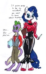 Size: 749x1200 | Tagged: suggestive, artist:sepiakeys, derpibooru import, rarity, spike, anthro, digitigrade anthro, unguligrade anthro, g4, bedroom eyes, blouse, book, clipboard, clothes, dialogue, duo, ear piercing, erect nipples, eyeshadow, holding, image, latex, latex corset, latex skirt, lipstick, looking at someone, makeup, nail polish, nipple outline, pen, piercing, png, posture collar, red lipstick, shoes, simple background, standing, traditional art, white background