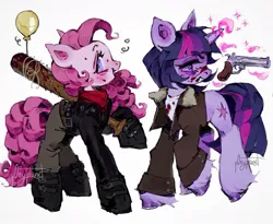 Size: 1080x887 | Tagged: semi-grimdark, artist:p0nyplanet, derpibooru import, pinkie pie, twilight sparkle, earth pony, pony, unicorn, g4, balloon, baseball bat, blood, clothes, crossover, female, gritted teeth, gun, handgun, horn, image, jacket, jpeg, lucille, magic, mare, negan, pistol, revolver, rick grimes, scarf, signature, teeth, the walking dead, unicorn twilight, weapon