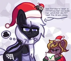 Size: 1360x1169 | Tagged: safe, artist:itz_bluejacob, edit, oc, oc:mozzarella swirl, oc:silky strands (itzbluejacob), oc:websy, unofficial characters only, bat pony, pony, spider, unicorn, angry, bat wings, bubble, christmas, clothes, cross-popping veins, derpibooru exclusive, duo, elderly, emanata, eye twitch, glasses, hat, holiday, horn, image, jewelry, necklace, newbie artist training grounds, png, santa hat, scarf, silk, silky strands is not amused, sitting, socks, spider web, sweater, unamused, watermark removal, wings, witch hat