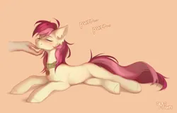 Size: 4520x2894 | Tagged: safe, artist:miurimau, derpibooru import, roseluck, earth pony, pony, g4, behaving like a cat, belly, collar, commission, commissioner:doom9454, concave belly, cute, eyes closed, hand, image, lying down, offscreen character, offscreen human, pet tag, petting, png, pony pet, purring, rosepet