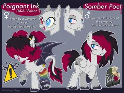 Size: 4057x3052 | Tagged: safe, artist:catponything, artist:lavender-bases, artist:x-iiaobases, derpibooru import, oc, oc:poignant ink, oc:somber poet, unofficial characters only, bat pony, pegasus, pony, undead, vampire, g4, base used, bat pony oc, bat wings, bloodshot eyes, brother and sister, clothes, duo, duo male and female, ear piercing, emo, emo hair, fangs, female, folded wings, hair covering face, heterochromia, image, leg warmers, lip piercing, male, mare, pegasus oc, piercing, png, raised leg, reference sheet, show accurate, siblings, spread wings, stallion, standing on three hooves, standing on two hooves, twins, wings