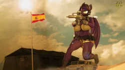 Size: 3840x2160 | Tagged: safe, artist:zgsfm, derpibooru import, oc, oc:grape wine, unofficial characters only, anthro, bat pony, plantigrade anthro, 3d, badass, big breasts, breasts, cammo, camouflage, car, clothes, desert, female, gun, hummer, image, jeep, pants, png, run, sexy, solo, solo female, spain, suv, swimsuit, tent, uniform, vehicle, war, weapon