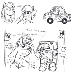 Size: 800x849 | Tagged: safe, artist:jargon scott, derpibooru import, oc, oc:limit state, oc:low rider, unofficial characters only, pegasus, pony, unicorn, boop, car, clothes, dialogue, driving, female, grayscale, hard hat, hat, horn, image, mare, monochrome, necktie, open mouth, pegasus oc, png, smiling, sticker, unicorn oc, wings