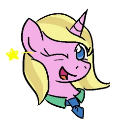 Size: 450x454 | Tagged: safe, artist:jargon scott, derpibooru import, oc, oc:limit state, unofficial characters only, pony, unicorn, bust, clothes, female, horn, image, looking at you, mare, necktie, one eye closed, open mouth, open smile, png, portrait, simple background, smiling, solo, stars, unicorn oc, white background, wink