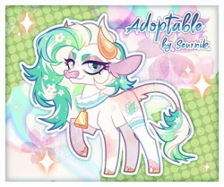 Size: 2560x2136 | Tagged: safe, artist:seurnik, derpibooru import, oc, unofficial characters only, cow, abstract background, adoptable, adoption, auction, auction open, bell, chamomile, choker, clothes, colored hooves, cow ears, cow tail, cute, eyeshadow, flower, fluffy, gold hooves, golden horns, gray eyes, green mane, hooves, image, jpeg, long eyelashes, makeup, pink eyeshadow, pink nose, pink spots, socks, solo, spots, stockings, tail, thigh highs, white coat, ychcommission