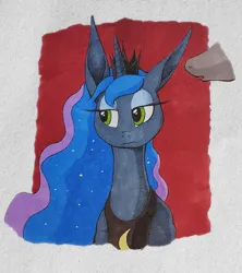 Size: 1137x1280 | Tagged: safe, artist:darkhestur, derpibooru import, princess luna, oc, oc:dark, alicorn, g4, bust, image, looking sideways, marker drawing, partial offscreen character, png, simple background, traditional art, whispering