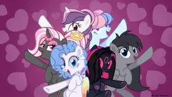 Size: 1280x724 | Tagged: safe, artist:blackcherry, derpibooru import, oc, oc:blackcherry, oc:bronyka, oc:danzei animation jora, oc:sweetieck dreams, oc:tweek, unofficial characters only, bat pony, earth pony, pegasus, pony, unicorn, all bottled up, g4, best friends until the end of time, bipedal, butt, colored hooves, cute, eyelashes, female, filly, flower, foal, hooves, horn, image, jpeg, mare, my little pony, not sweetie belle, orange eyes, outdoors, plot, smiling, tail, two toned mane, two toned tail, unicorn horn