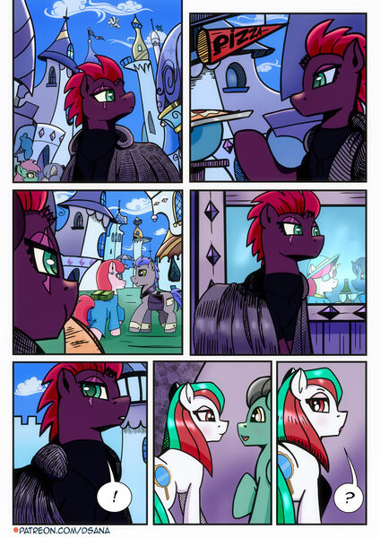 Size: 1280x1811 | Tagged: safe, artist:dsana, derpibooru import, fizzlepop berrytwist, tempest shadow, oc, oc:spiegel, earth pony, pegasus, pony, unicorn, comic:a storm's lullaby, g4, canterlot, female, horn, image, jpeg, male, mare, stallion