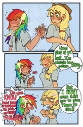 Size: 655x1000 | Tagged: safe, artist:ssuminv, derpibooru import, applejack, rainbow dash, human, equestria girls, g4, 3 panel comic, appledash, applejack's hat, blushing, clothes, comic, cowboy hat, cross-popping veins, duo, duo female, ear piercing, earring, emanata, eyebrows, eyebrows visible through hair, eyes closed, female, flower, hat, humanized, image, jewelry, jpeg, lesbian, piercing, shipping, speech bubble