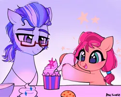 Size: 2048x1638 | Tagged: safe, artist:petaltwinkle, derpibooru import, sunny starscout, earth pony, pony, g5, argyle starshine, baking, bowl, coat markings, cupcake, cute, duo, duo male and female, eyebrows, father and child, father and daughter, female, filly, filly sunny starscout, foal, food, frosting, glasses, gradient background, hoof hold, image, jpeg, lidded eyes, male, open mouth, open smile, pale belly, petaltwinkle is trying to murder us, scrunchie, smiling, socks (coat marking), stallion, sunnybetes, twilight sparkle's cutie mark, unshorn fetlocks, younger