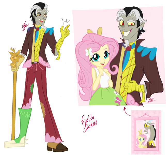 Size: 5000x4664 | Tagged: safe, artist:frijolito darketo, derpibooru import, discord, fluttershy, human, equestria girls, g4, alternate universe, bunny ears (gesture), cane, comic, duo, duo male and female, equestria girls-ified, female, image, male, mismatched clothes, png, screencap reference, simple background, solo focus, white background