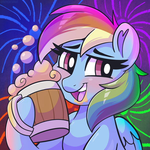 Size: 2457x2454 | Tagged: safe, artist:graphene, derpibooru import, rainbow dash, pegasus, pony, g4, blushing, cider, female, fireworks, image, mare, mug, png, solo, tankard