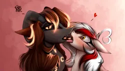 Size: 3500x2000 | Tagged: safe, artist:darky_wings, derpibooru import, oc, unofficial characters only, earth pony, pony, blushing, commission, deep kissing, french kiss, glowing mane, heart, image, kissing, png, simple background, size difference, tongue out