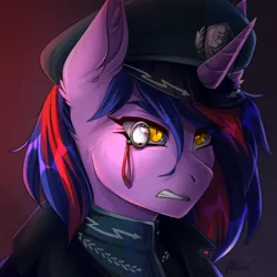 Size: 1300x1300 | Tagged: safe, artist:serodart, derpibooru import, oc, oc:lina phantom, unofficial characters only, pony, unicorn, equestria at war mod, angry, bust, cap, clothes, ear fluff, ember eyes, female, hat, horn, image, military uniform, monocle, new lunar republic, png, portrait, red background, simple background, solo, solo female, uniform