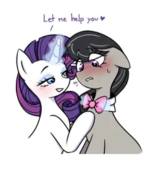 Size: 592x660 | Tagged: safe, artist:dd_mlp, derpibooru import, octavia melody, rarity, earth pony, pony, unicorn, bedroom eyes, blushing, bowtie, duo, duo female, eyeshadow, female, glow, glowing horn, grin, horn, image, lesbian, lip bite, magic, makeup, mare, png, ponytober, ponytober 2022, raritavia, shipping, simple background, smiling, sweat, sweatdrop, teasing, undressing, white background