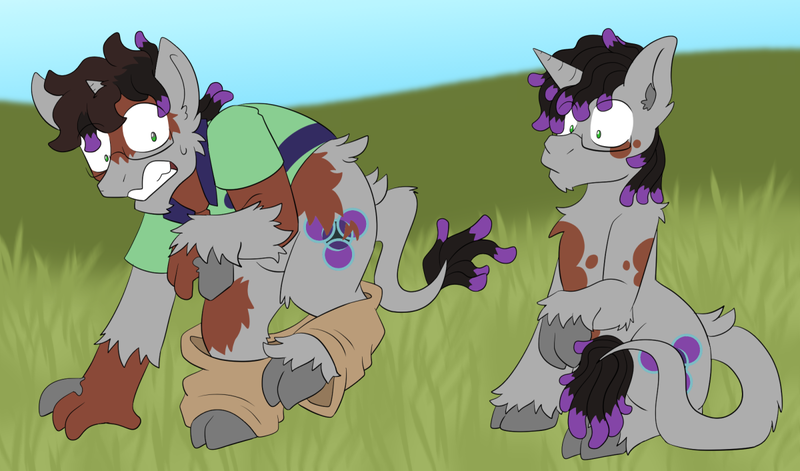 Size: 1200x706 | Tagged: safe, artist:detectivecoon, derpibooru import, oc, unofficial characters only, human, pony, unicorn, cloven hooves, confused, dark skin, dreadlocks, glasses, horn, human to pony, image, leonine tail, male, mottled coat, png, sitting, solo, tail, transformation