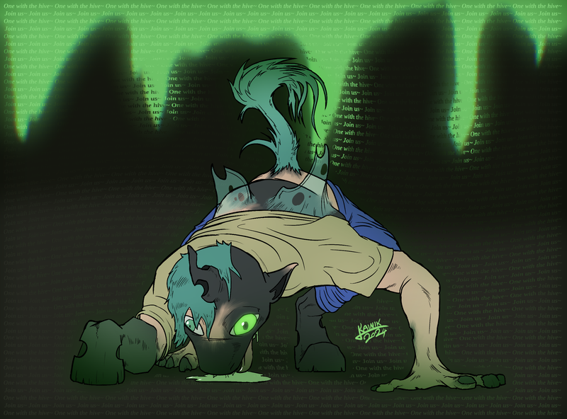 Size: 2338x1730 | Tagged: safe, artist:kainik, derpibooru import, queen chrysalis, changeling, changeling queen, human, g4, abstract background, all fours, clothes, drool, female, glow, glowing eyes, hivemind, human to changeling, image, mid-transformation, png, solo, transformation