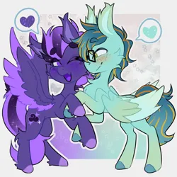 Size: 2000x2000 | Tagged: safe, artist:bwolfalien, derpibooru import, oc, oc:ruffled quill, oc:shadow galaxy, unofficial characters only, pegasus, pony, blushing, cheek fluff, commission, cute, duo, ear fluff, ethereal mane, female, freckles, glasses, heart, hooves, image, male, mare, open mouth, png, smiling, stallion, starry mane, starry tail, tail, ych result