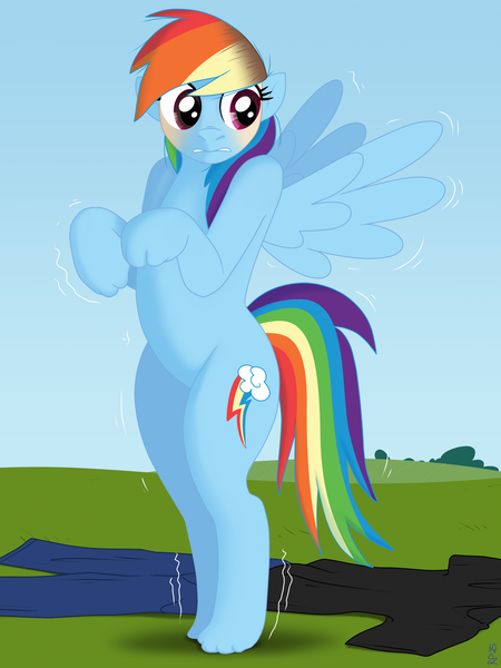 Size: 1662x2217 | Tagged: safe, artist:redpaladin, derpibooru import, rainbow dash, human, pegasus, pony, g4, bipedal, human to pony, image, outdoors, png, shivering, solo, spread wings, transformation, wings