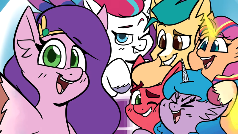 Size: 1920x1080 | Tagged: safe, artist:mekblue, artist:princewhateverer, derpibooru import, hitch trailblazer, izzy moonbow, pipp petals, sprout cloverleaf, sunny starscout, zipp storm, alicorn, earth pony, pegasus, pony, unicorn, g5, my little pony: a new generation, artificial horn, artificial wings, augmented, cheek squish, cheek to cheek, female, group hug, group photo, horn, horn markings, hug, image, magic, magic horn, magic wings, male, mane five, mane stripe sunny, mare, png, race swap, selfie, sprout joins the mane five, squishy cheeks, stallion, sunnycorn, unshorn fetlocks, wings