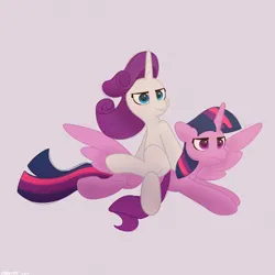 Size: 2480x2480 | Tagged: safe, artist:starburstuwu, derpibooru import, rarity, twilight sparkle, twilight sparkle (alicorn), alicorn, pony, unicorn, g4, crossed legs, duo, duo female, female, flying, frown, gray background, high res, horn, image, jpeg, mare, ponies riding ponies, rarity riding twilight, riding, riding a pony, simple background, sitting, spread wings, wind, windswept mane, wings