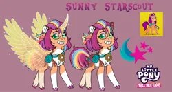 Size: 2048x1097 | Tagged: safe, artist:malinraf1615, derpibooru import, sunny starscout, alicorn, g5, my little pony: a new generation, my little pony: tell your tale, alternate design, alternate hairstyle, artificial horn, artificial wings, augmented, coat markings, curved horn, horn, horn markings, image, jpeg, large wings, magic, magic horn, magic wings, mane stripe sunny, my little pony logo, pale belly, race swap, socks (coat marking), solo, spread wings, sunny starscout's cutie mark, sunnycorn, wings