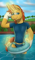 Size: 2680x4632 | Tagged: suggestive, alternate version, artist:tacomytaco, derpibooru import, unicorn, clothes, hand, horn, image, inflatable, inner tube, looking at you, magic, magic hands, male, midriff, png, pool toy, shirt, smiling, solo, solo male, speedo, standing, swimsuit, tongue out, water, wet