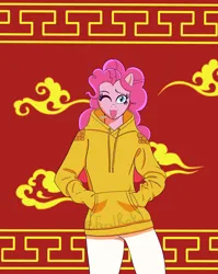 Size: 1900x2388 | Tagged: safe, artist:feralroku, derpibooru import, pinkie pie, anthro, earth pony, pony, g4, chinese new year, chinese new year 2025, clothes, cloud, cute, female, hand in pocket, hoodie, image, mare, mlem, one eye closed, png, silly, slit pupils, solo, standing, tongue out, year of the snake