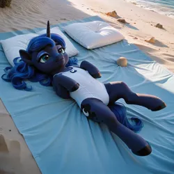 Size: 1024x1024 | Tagged: safe, ai content, machine learning generated, ponerpics import, ponybooru import, princess luna, alicorn, pony, beach, clothes, foal, foalcon, image, jpeg, sand, solo, swimsuit, underage