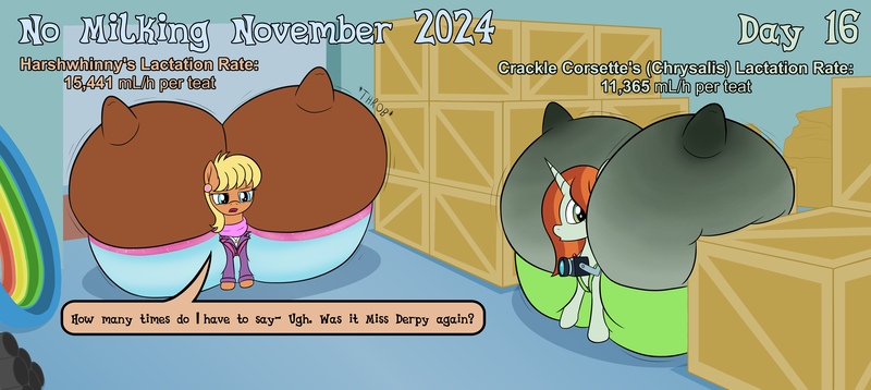 Size: 6195x2770 | Tagged: questionable, artist:wapamario63, ponerpics import, ponybooru import, crackle cosette, ms. harshwhinny, queen chrysalis, earth pony, pony, unicorn, series:no milking november 2024 - ms. harshwhinny and chrysalis, big crotchboobs, box, bra, carry crotchbra, clothes, crate, crotchboob squish, crotchboobs, crotchbra, dialogue, disguise, disguised changeling, doorway, female, huge crotchboobs, hyper, hyper crotchboobs, image, implied chrysalis, impossibly large crotchboobs, lactation denial, mare, nipples, no milking november, nudity, png, teats, text, underwear