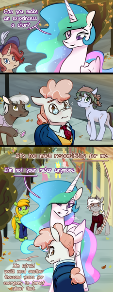 Size: 1080x2785 | Tagged: safe, artist:sapriel omega, derpibooru import, colton john, levon song, princess celestia, svengallop, oc, alicorn, earth pony, pony, g4, ask, background pony, comic, female, image, male, manehattan, mare, png, stallion, text