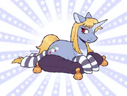 Size: 1298x981 | Tagged: safe, artist:beyhr, derpibooru import, oc, oc:holy steel, unofficial characters only, pony, unicorn, blonde mane, blonde tail, clothes, frown, horn, image, lying down, pillow, png, red eyes, socks, solo, striped socks, tail, unicorn horn