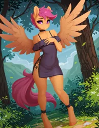 Size: 896x1152 | Tagged: safe, ai content, machine learning generated, prompter:teaspoon, scootaloo, anthro, pegasus, unguligrade anthro, g4, anklet, chest fluff, choker, clothes, dress, female, forest, image, lidded eyes, looking at you, older, older scootaloo, png, shoulderless, side slit, smiling, solo, spread wings, tree, wings