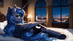 Size: 1920x1080 | Tagged: safe, ai content, generator:snowpony, machine learning generated, prompter:paleluna, princess luna, alicorn, pony, g4, bed, butt, castle, chest fluff, cute, ear fluff, ethereal tail, eyelashes, female, folded wings, glowing mane, horn, image, indoors, lidded eyes, looking at you, looking back, looking back at you, lying, lying down, mane, mare, night, night sky, on bed, pillow, plot, png, rear view, room, shy, side, sky, smiling, smiling at you, solo, tail, underhoof, wallpaper, window, wings