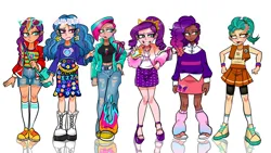 Size: 1280x720 | Tagged: safe, alternate version, artist:jully-park, derpibooru import, applejack, fluttershy, hitch trailblazer, izzy moonbow, pinkie pie, pipp petals, rainbow dash, rarity, sunny starscout, twilight sparkle, zipp storm, human, equestria girls, g4, g5, harness pathfinder, image, mane six, misty brightdawn, png, rule 63